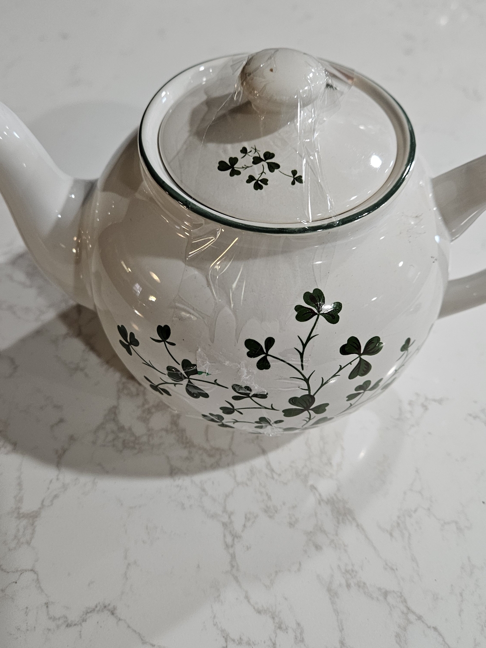 Bewley Irish Imports Green White Ceramic Teapot with Green Clover Design